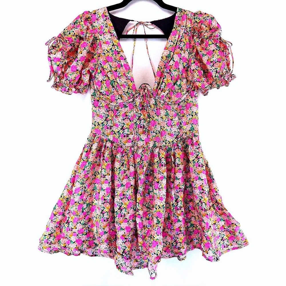 For Love & Lemons Floral Corset Mini Dress M Puff Sleeve Tie Back Bloomcore